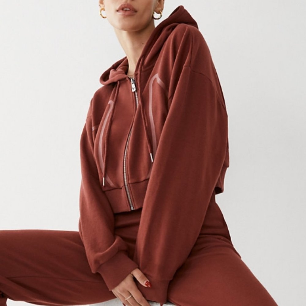 TRUE RELIGION women's cropped hoodie full zip big logo size XL dark red